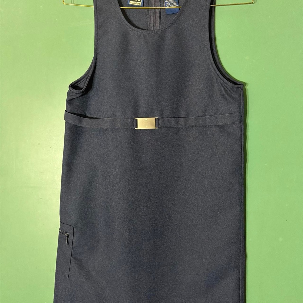 Lee School Uniform Navy Blue Polyester Mini Dress Gold Buckle Pockets Womens 12